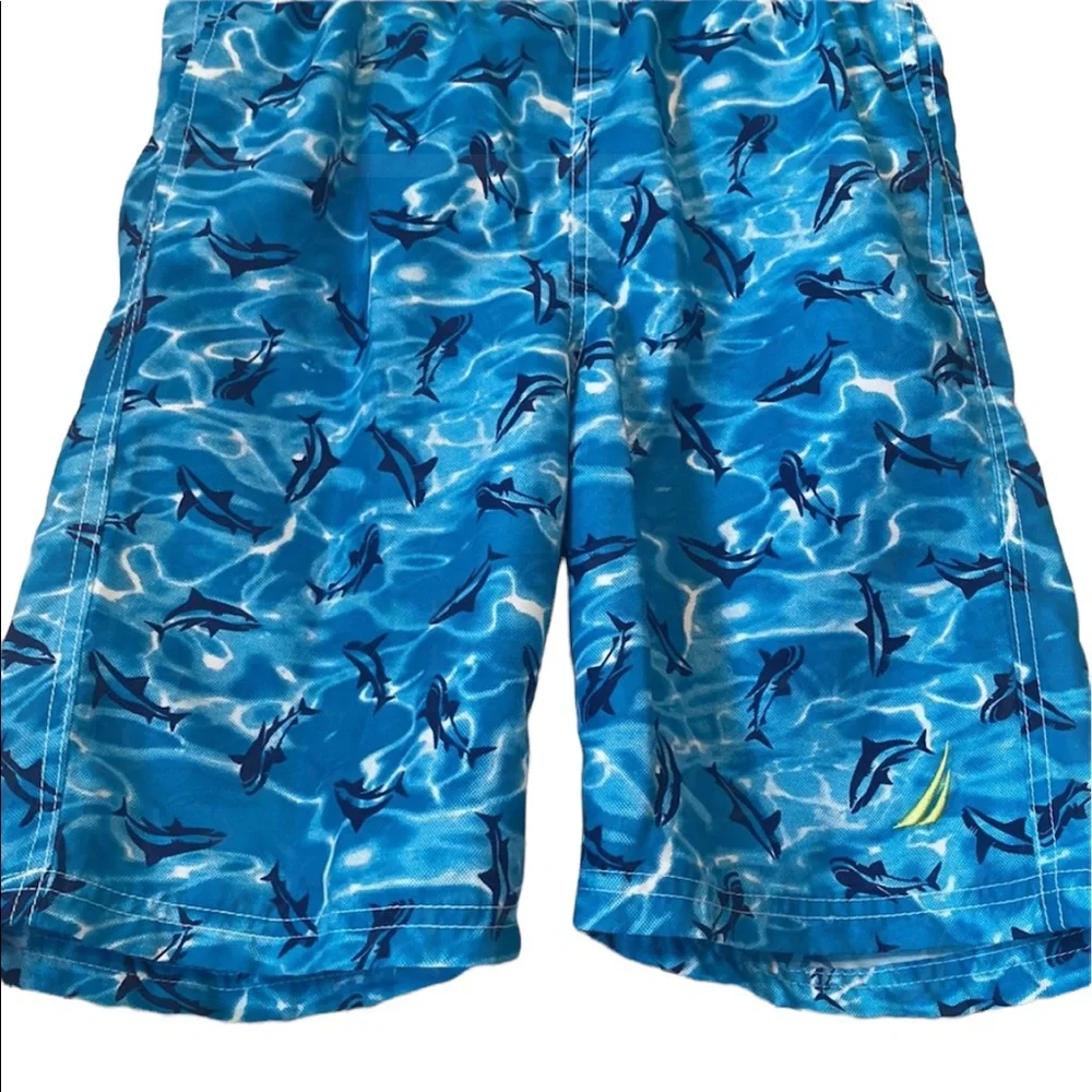 Nautical Shark Print Boys’ Turquoise Swim Trunks
